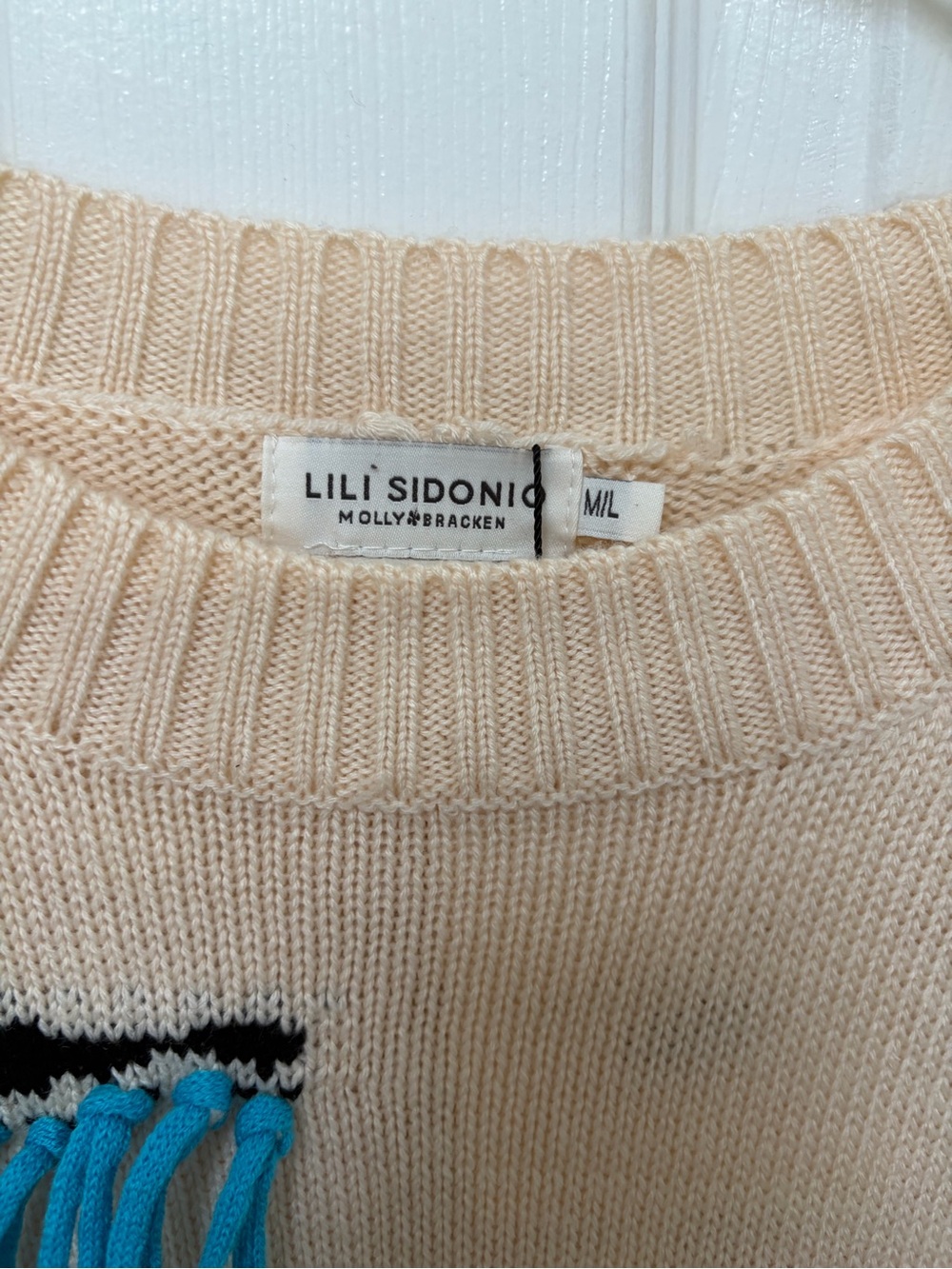 Fringe-Trim Crewneck Sweater in Beige and Black by Lili Sidonio - Picture 2 of 6